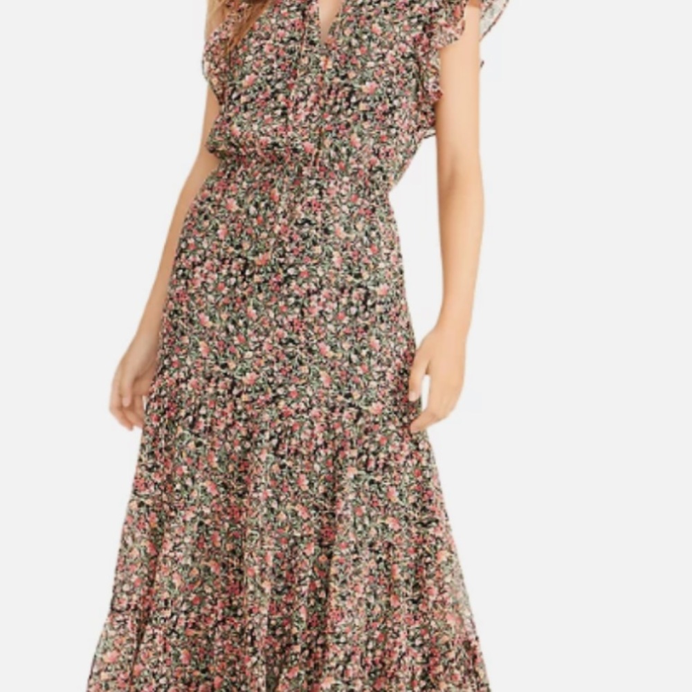 BB Dakota Black Floral V-Neck Ruffle Dress